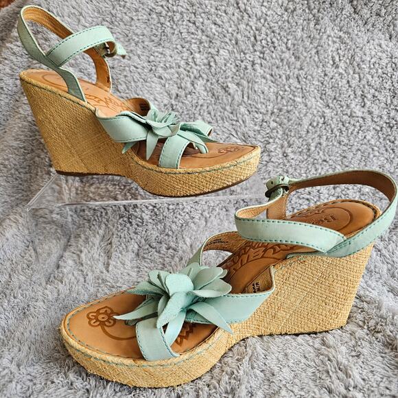 Born Handcrafted Women's Flower Leather‎ Slingback Wedge Sandals Size 10 Teal - Picture 1 of 6
